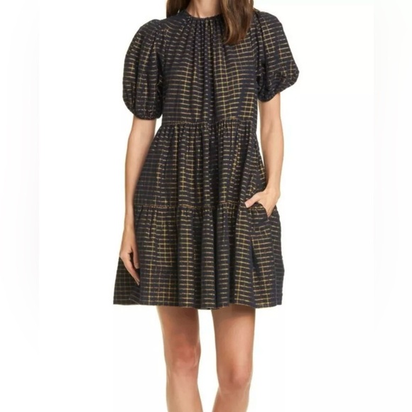 NWOT ULLA JOHNSON Midnight Navy Gold Dion Babydoll Dress 2 RARE - Picture 1 of 15